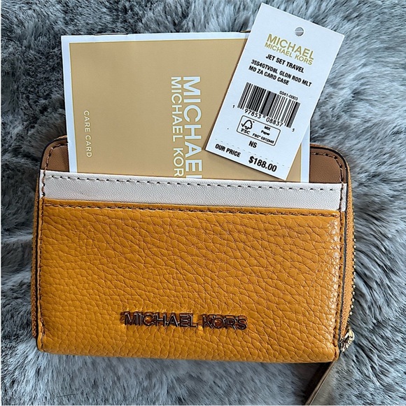 NWT Michael Kors Mustard and Brown Card Holder Wallet - Picture 1 of 6
